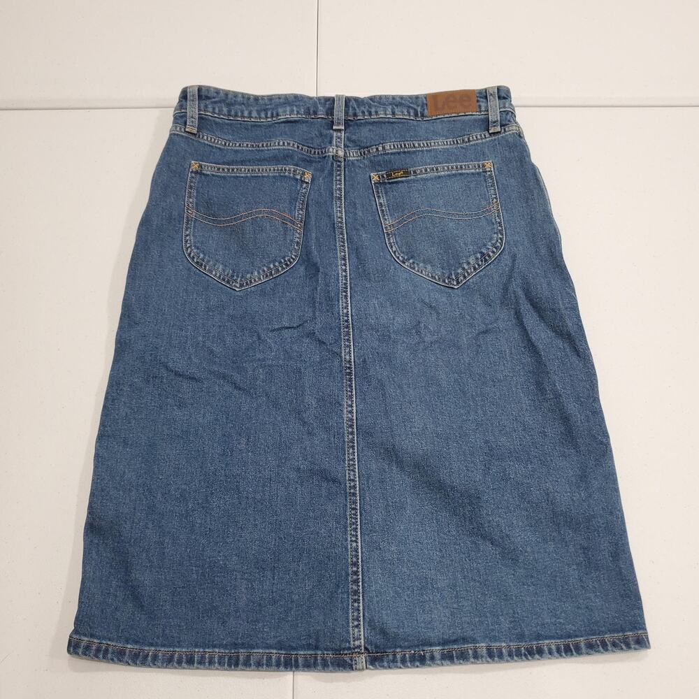 Lee Denim Skirt Womens 8 Blue Button Front A-Line Midi Stretch 5 Pocket Cowgirl - Picture 2 of 9